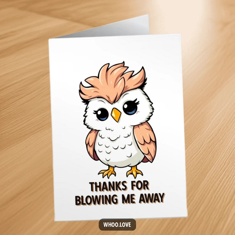 Funny Free Printable Thank You Card: Silly owl with feathers ruffled, caught in a gust of wind, expressing thanks humorously.