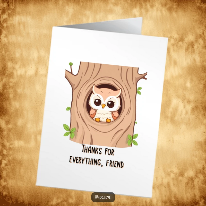 Funny free printable thank you card: An owl with a mischievous glint peers from its tree hole, conveying thanks.