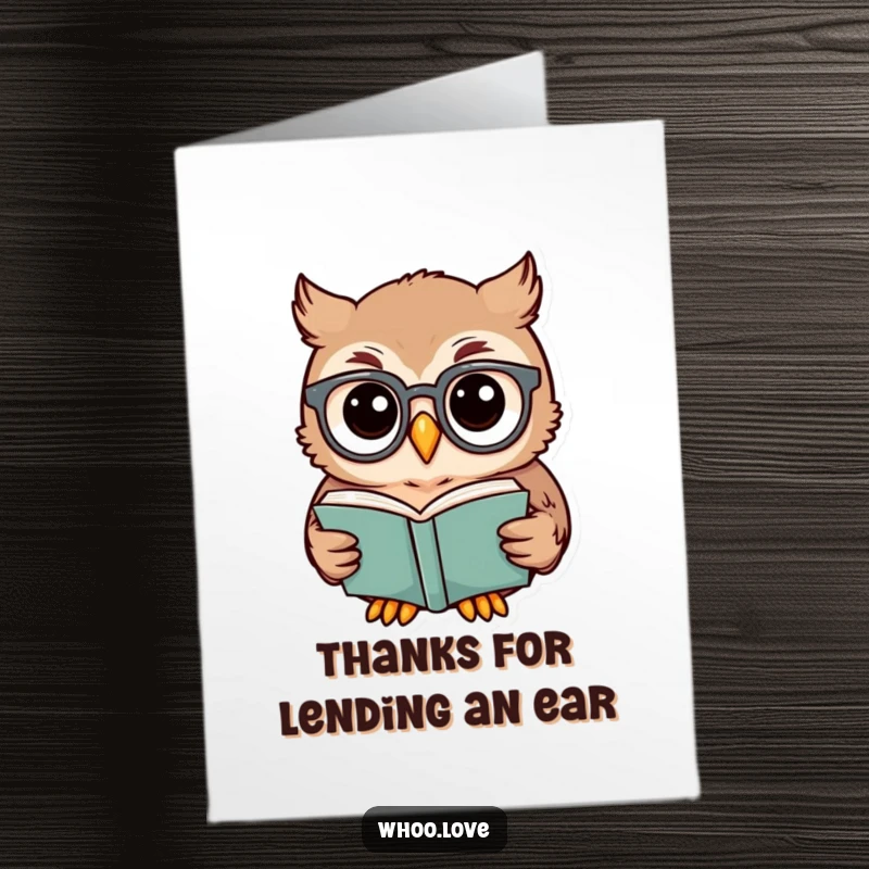 Funny Free Printable Thank You Card: A scholarly owl with spectacles is engrossed in reading a book, conveying thanks.