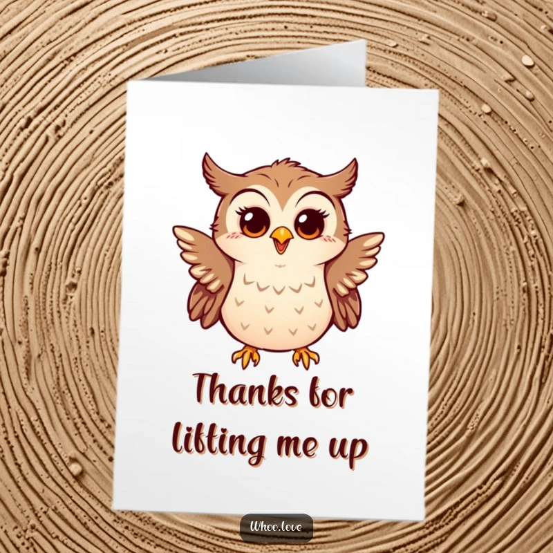 Funny Free Printable Thank You Card: Little owl flapping tiny wings with a surprised and happy expression.