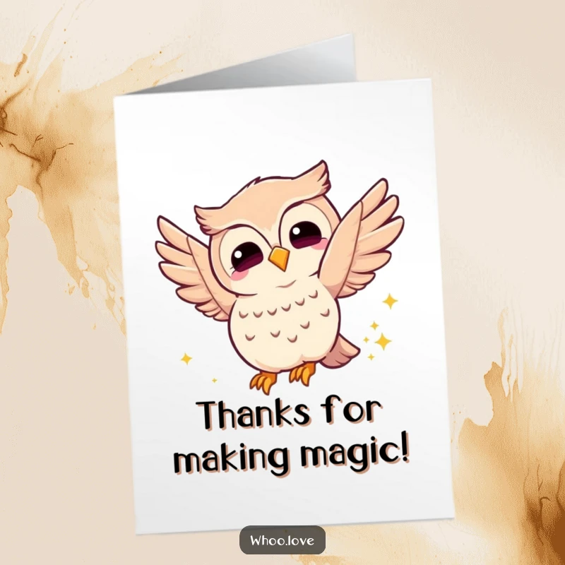 Funny Free Printable Thank You Card: Joyful owl fluttering its wings, leaving a sparkly trail, a downloadable thank you message.