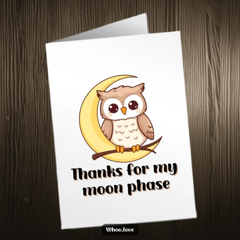 Funny Free Printable Thank You Card featuring a happy owl perched on a crescent moon, a charming downloadable art.