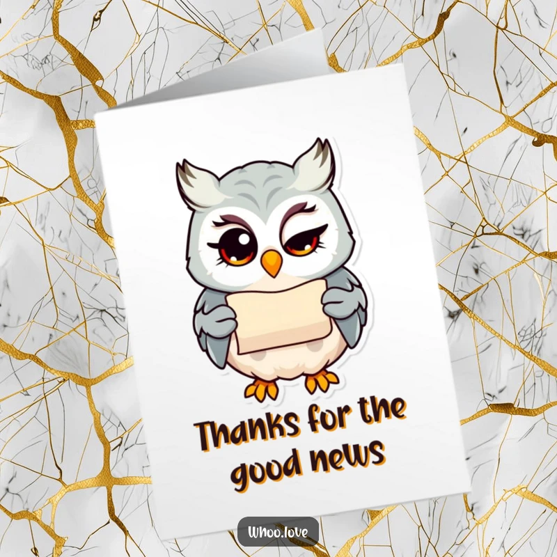 Funny Free Printable Thank You Card: Owl character with a bright wink holding a tiny scroll, playfully thankful.