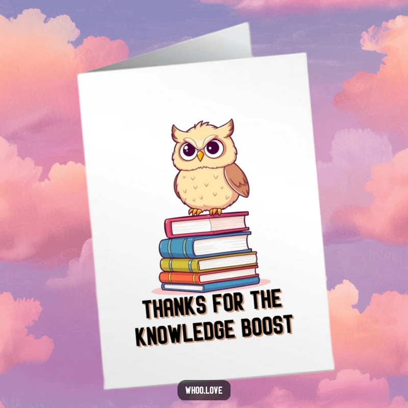 Funny Free Printable Thank You Card: Fluffy owl balancing on a stack of books with a determined grin.