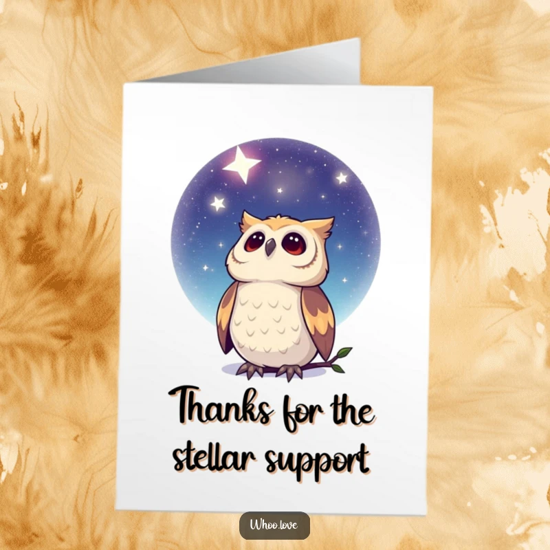 Free Printable Thank You Card: A dreamy owl looking up at a celestial starry night sky, expressing gratitude with serene beauty.