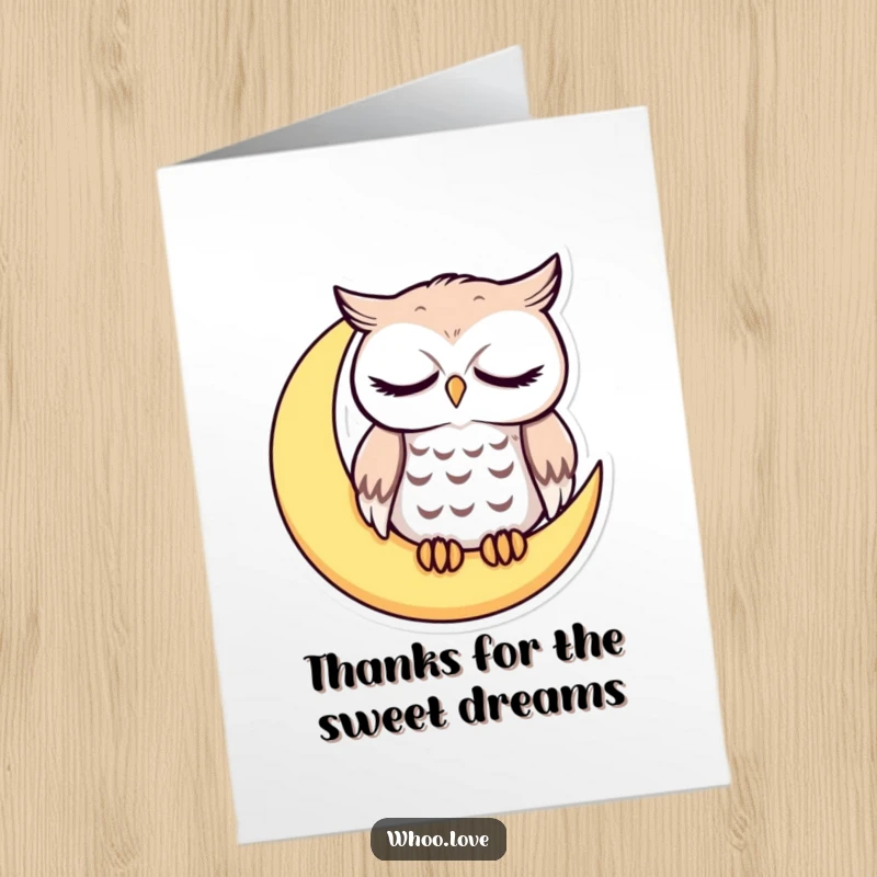 Funny Free Printable Thank You Card: Sleepy owl with droopy eyes on a crescent moon, peaceful gratitude.