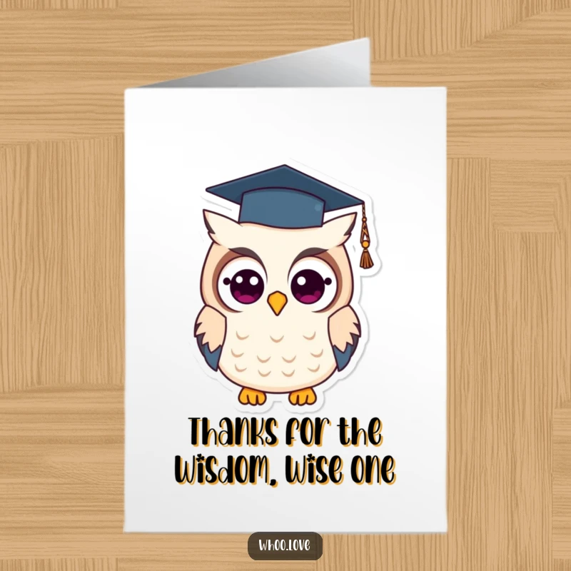 Funny Free Printable Thank You Card featuring an owl wearing a small graduation cap, a wise downloadable art.