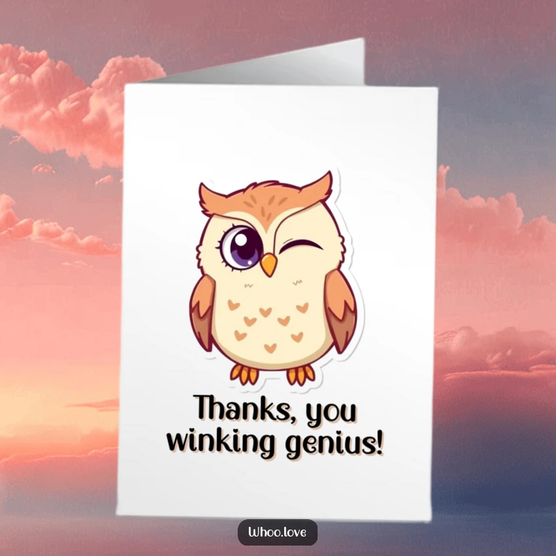 Funny Free Printable Thank You Card: An owl winks slyly with one large eye, sending a cheeky thank you.