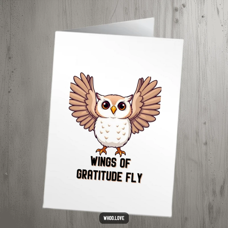 Funny Free Printable Thank You Card with an owl character whose large, expressive wings are outstretched in a gesture of thanks.