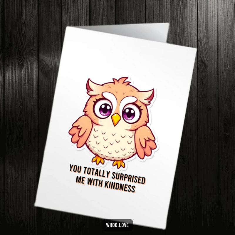 Funny Free Printable Thank You Card depicting an owl with wide, surprised eyes and puffed feathers, a humorous download.