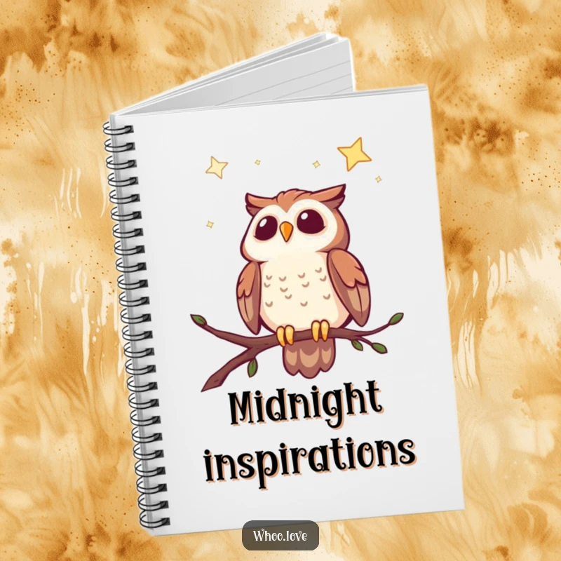 Funny notebook featuring a cheerful owl looking up at a detailed starry night sky, perfect for notes and dreams.