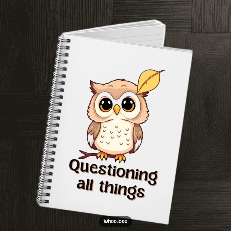 Funny notebook cover with a curious owl tilting its head at a falling leaf, ideal for notes and reflections, a funny gift.