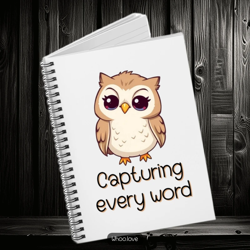 Funny curious owl notebook, owl tilting its head to listen intently, perfect for recording observations and ideas.