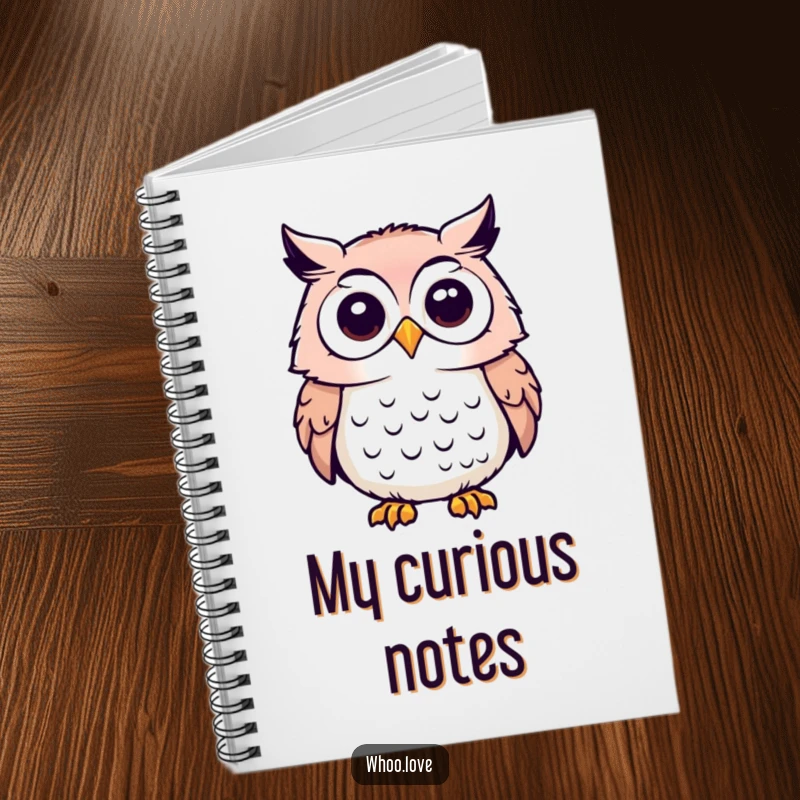 Funny notebook cover featuring an owl character with its head tilted, conveying a sense of deep inquiry.