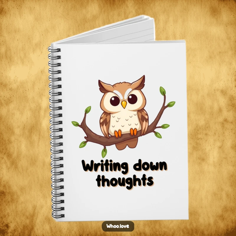 Funny curious owl notebook, featuring an owl on a branch with a head tilt, inspiring creativity and organization with its charming, inquisitive design.