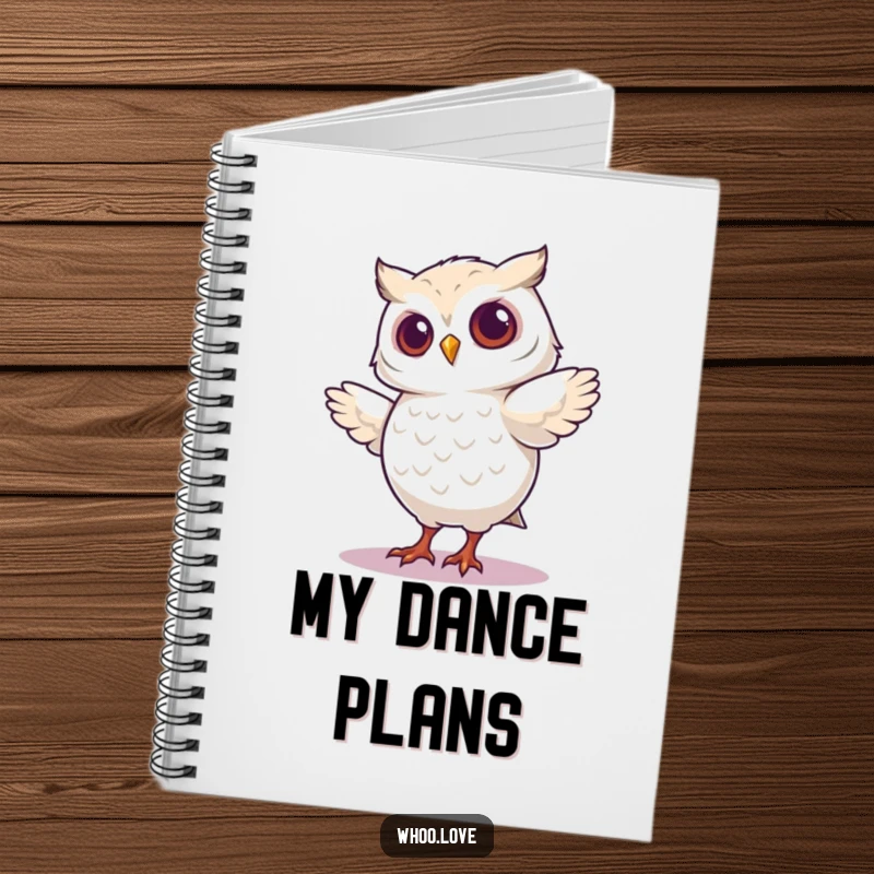 Funny notebook cover featuring an owl character doing a silly, infectious dance step that radiates joy.