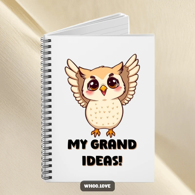 Funny enthusiastic owl notebook with an owl flapping its wings on the cover. Great for journaling and note-taking with an energetic and humorous touch.