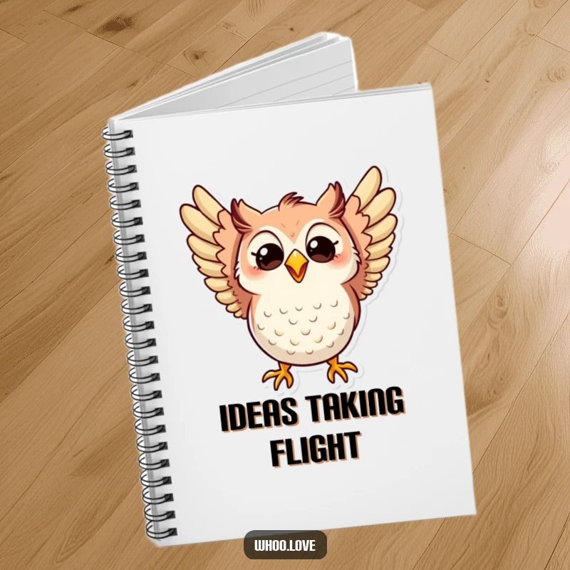 Funny notebook featuring an owl flapping its wings with excitement and a wide, beaming, happy grin, ready for joyful notes.