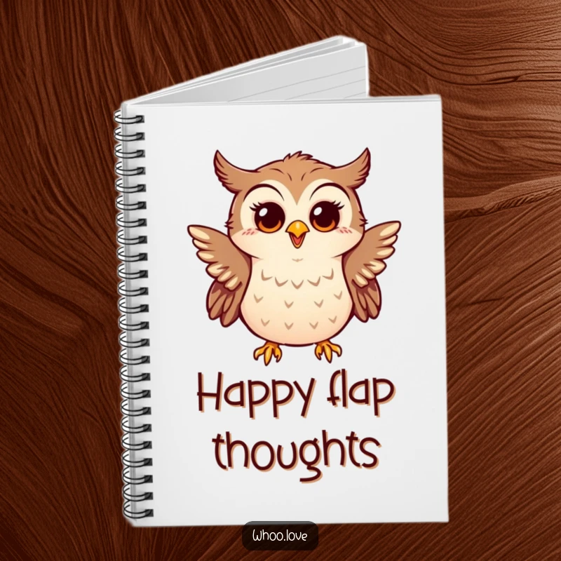 Funny notebook with a little owl enthusiastically flapping tiny wings, looking surprised and happy, for jotting joy.