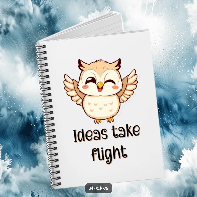 Funny notebook with a kawaii owl giggling and joyfully flapping its wings, ideal for writing down happy thoughts and ideas.