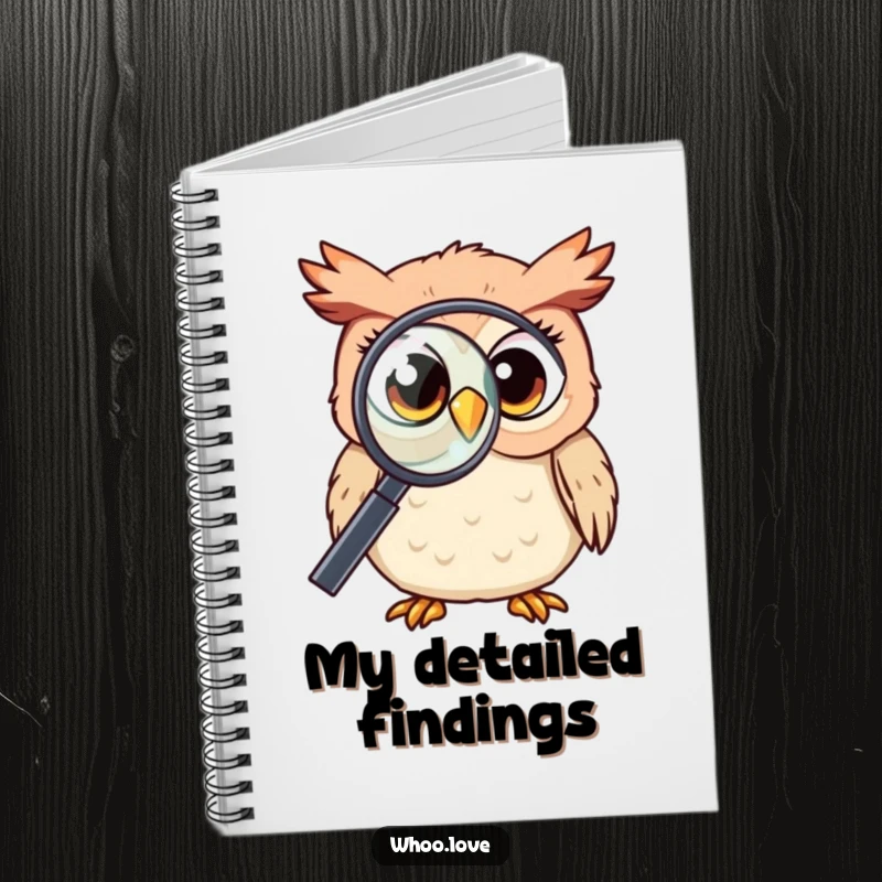 Funny Kawaii owl with wide, curious eyes, peering through a magnifying glass, open pages for writing, a thoughtful and curious feel, excellent funny gift.