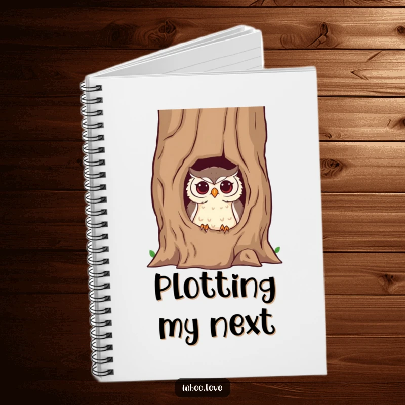 Funny owl notebook featuring a mischievous owl peeking from a hollow tree trunk, ideal for jotting down notes and witty observations.
