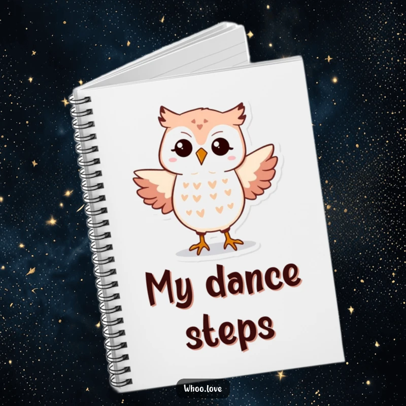 Funny Owl Notebook featuring a dancing owl, ideal for journaling, drawing, and creative note-taking.