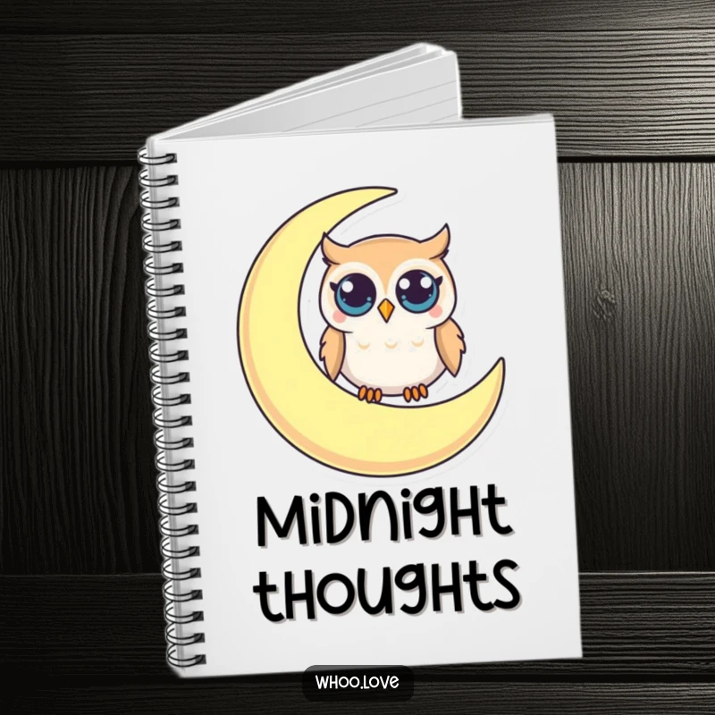Funny notebook featuring a small owl with big, curious eyes perched on a crescent moon, ready for curious thoughts.