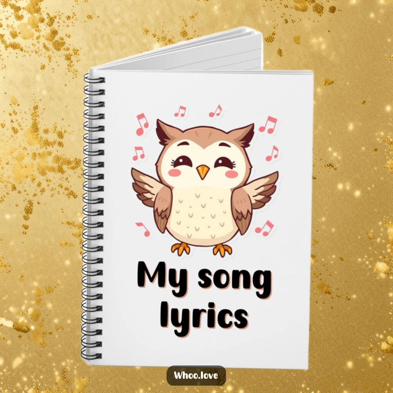 Funny notebook cover with a cheerful owl character hooting joyfully, surrounded by musical notes.