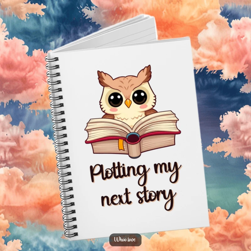 Funny notebook with an owl peeking from a large book, inspiring creative writing and note-taking.