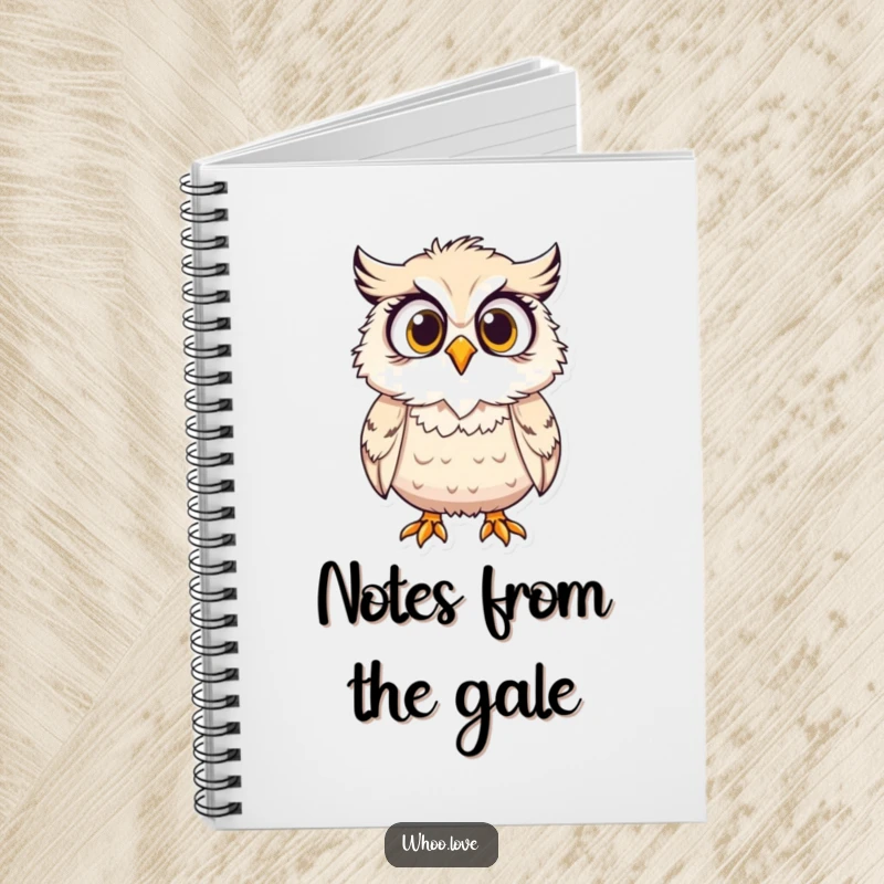 Funny notebook, a surprised owl character with its feathers ruffled by wind, perfect for capturing thoughts.