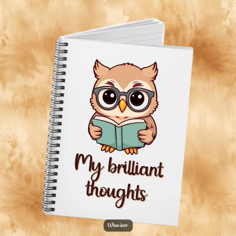 Funny owl notebook featuring a wise owl in spectacles reading a book, perfect for writing notes and brilliant ideas.
