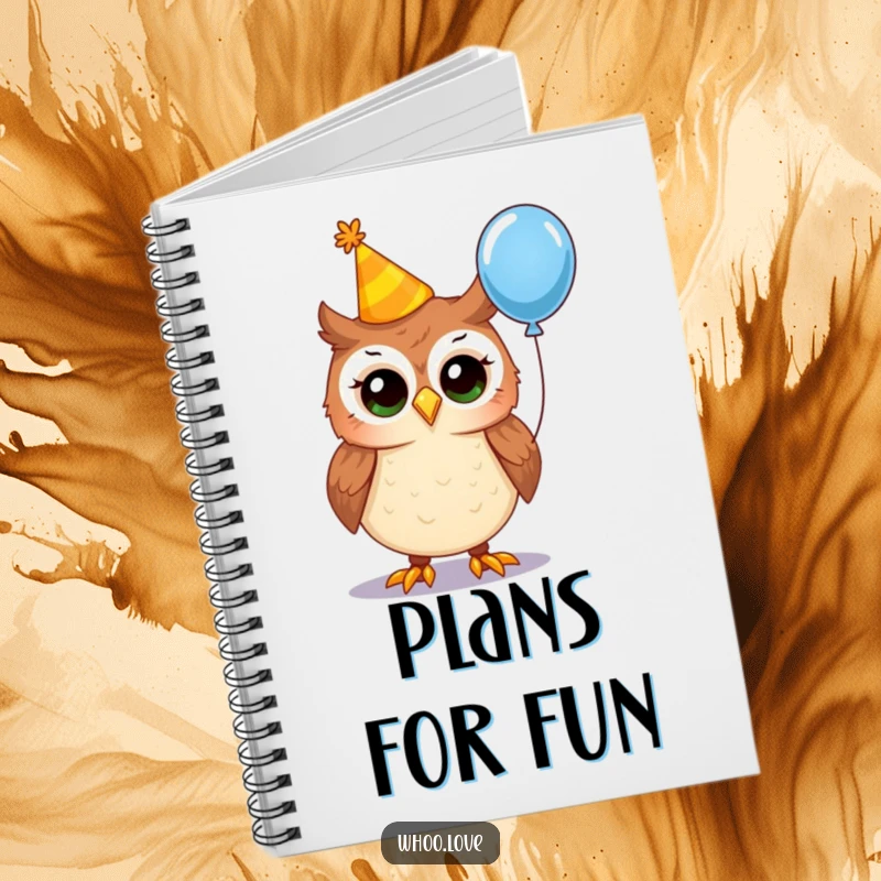 Funny party owl notebook, featuring an owl in a crooked party hat holding a balloon, inspiring creativity and organization with its festive design.