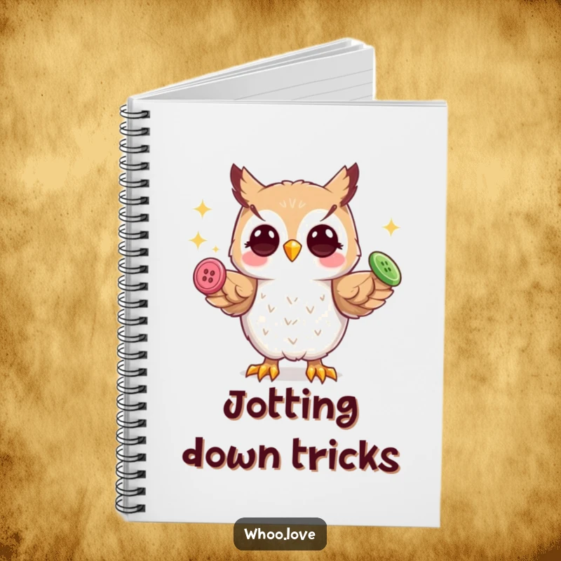 Funny playful owl notebook, skillfully juggling three shiny buttons with its talons, perfect for creative note-taking.