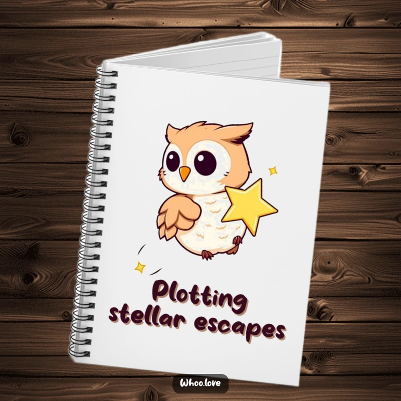 Funny notebook with a playful owl chasing a sparkling star, ideal for journaling or note-taking with a touch of whimsical inspiration.