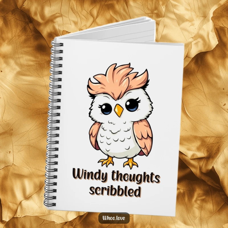 Funny silly owl with ruffled feathers caught in a strong wind gust, cute chaotic notebook, practical and charming funny gift.