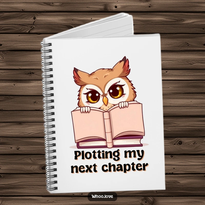 Funny notebook, a mischievous owl character peeking from behind a large book, perfect for capturing ideas.