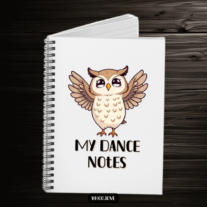 Funny notebook with a lined page and a cover illustration of a striped owl engaged in a whimsical dance.