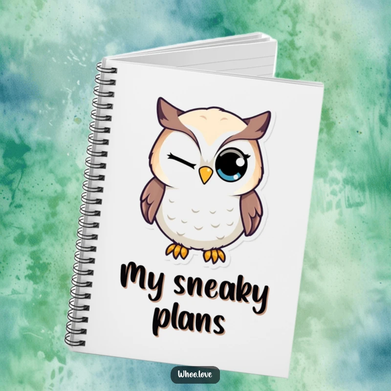 Funny notebook cover featuring an owl character with a large eye giving a playful, knowing wink.