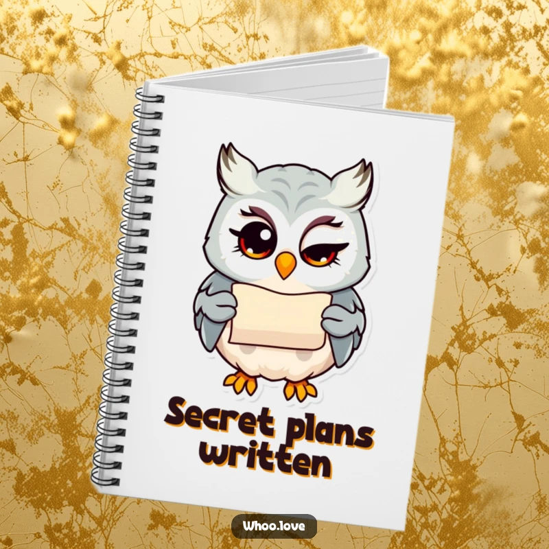 Funny owl with a wink holding a tiny scroll, mischievous notebook, practical and charming funny gift.