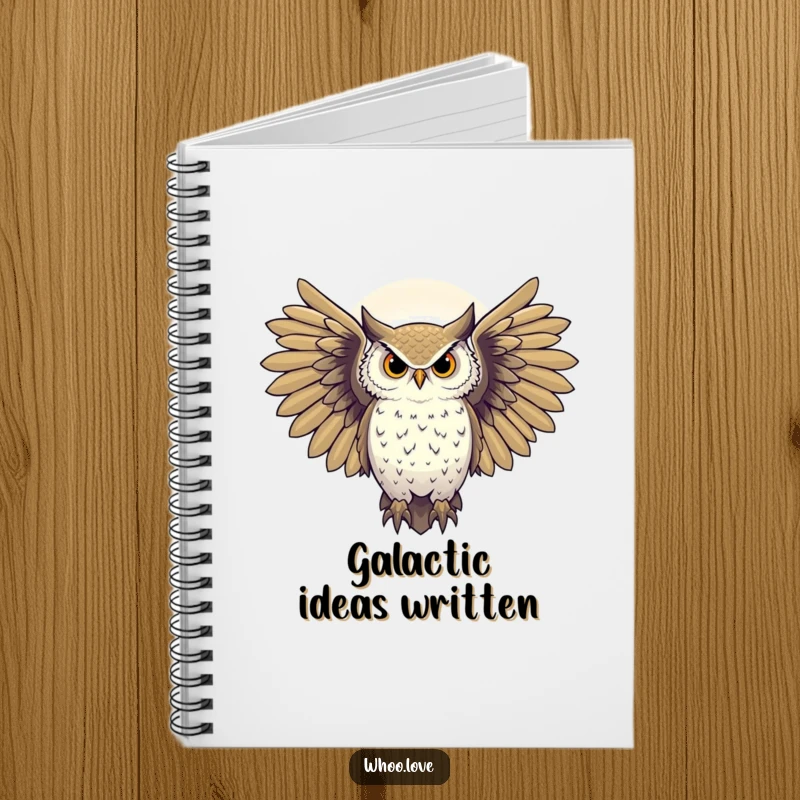 Funny majestic owl with wings spread against a starry night sky, mystical notebook, practical and charming funny gift.