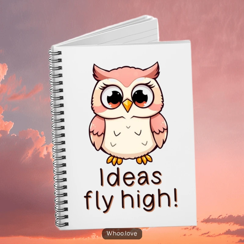 Funny notebook with a cover illustration of a cute owl character hooting with wide, excited eyes, ready for notes, a funny gift.