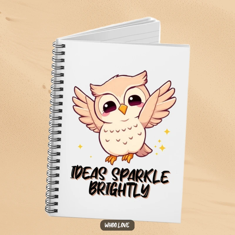 Funny joyful owl notebook, featuring an owl fluttering its wings with a sparkly trail, inspiring creativity and organization with its magical design.