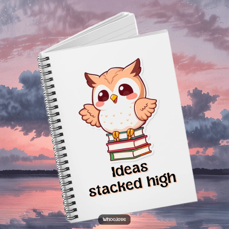 Funny kawaii owl in a dynamic pose, precariously balancing a tower of books, on the cover of a lined notebook.