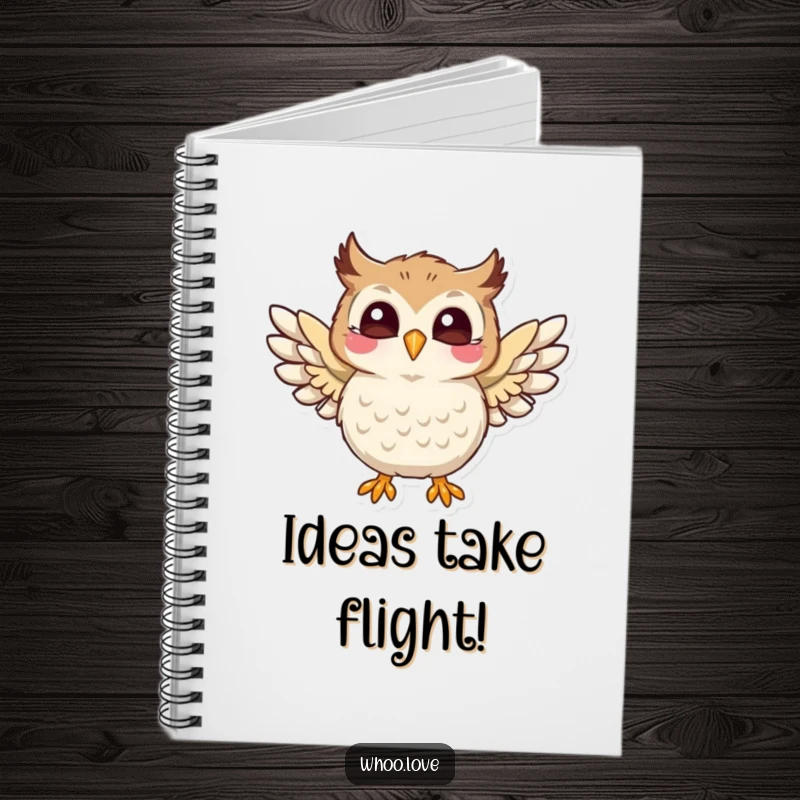 Funny notebook cover with a playful owl character flapping its wings with pure joy, ideal for creative thoughts, a funny gift.