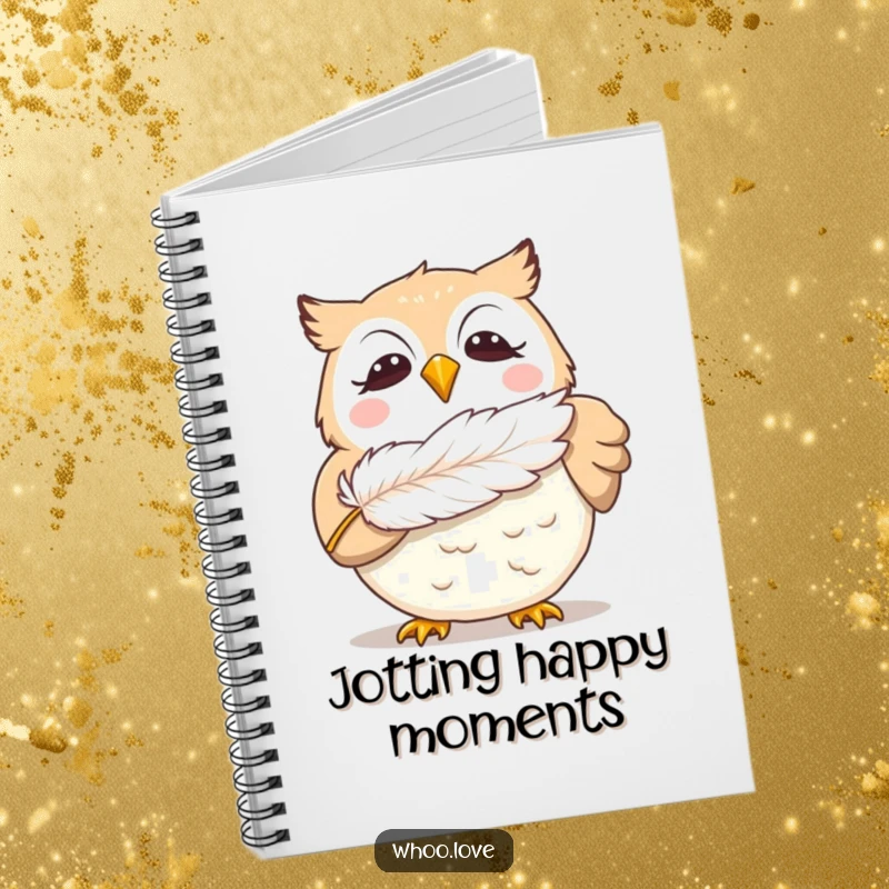 Funny giggling owl notebook, featuring a delighted owl blowing a feather, inspiring creativity and organization with its joyful and humorous design.