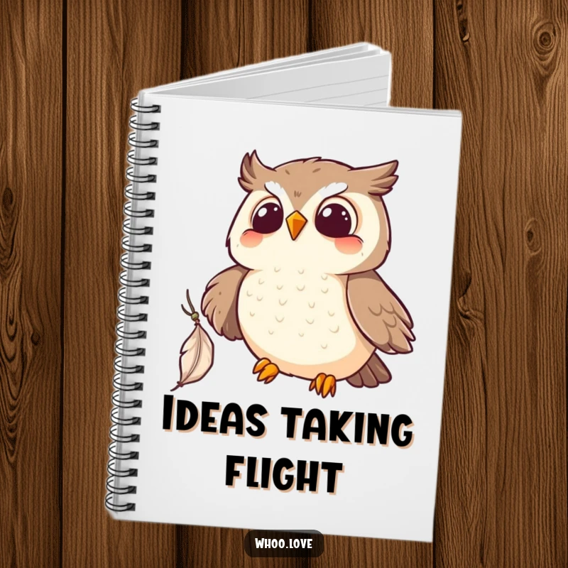 Funny Kawaii owl notebook, excitedly grabbing a feather, perfect for note-taking and journaling. Excellent funny gift.
