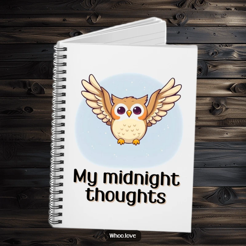 Funny owl notebook featuring a happy owl character soaring through the night sky, wings spread wide, perfect for jotting down creative ideas.