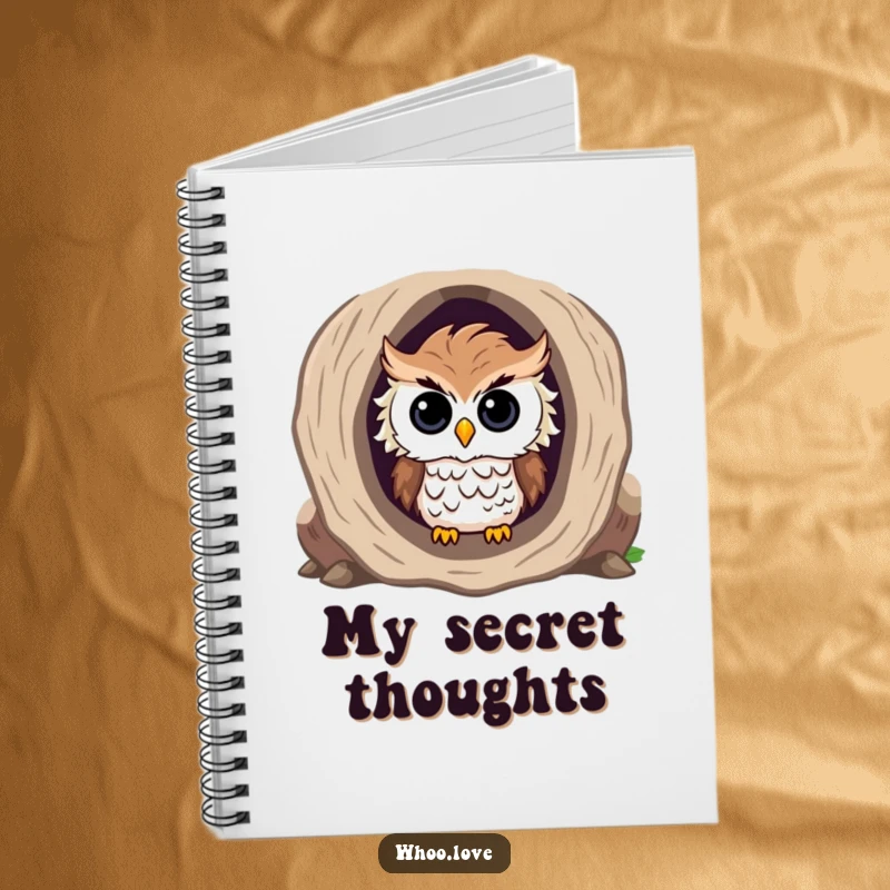 Funny notebook depicting a curious owl with ruffled feathers peeking out from inside a hollow log.