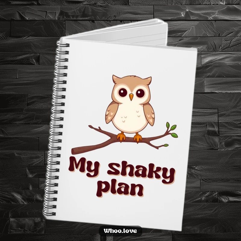 Funny notebook cover with a determined small owl character balancing on a single, wobbly branch.